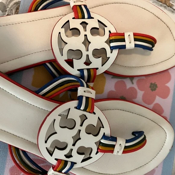 Tory Burch White Sandals with Multicolor Straps - Picture 2 of 4